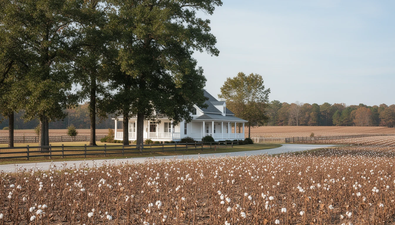 White frame farmhouse with a wide front porch and a cotton field on the flat farmland outside Bear Grass, Martin County, North Carolina