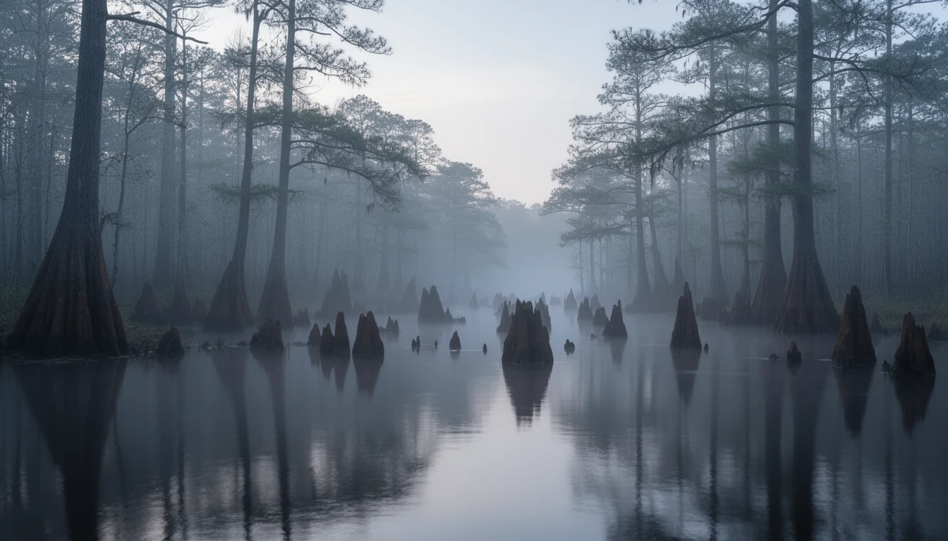 Bald cypress knees rising from the misty Roanoke River near Jamesville, Martin County
