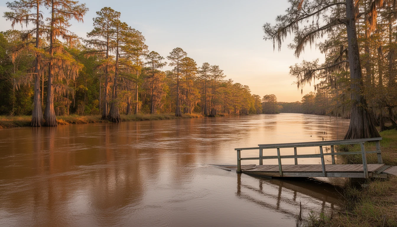 Tea-stained Roanoke River lined with bald cypress near Jamesville, North Carolina at golden hour