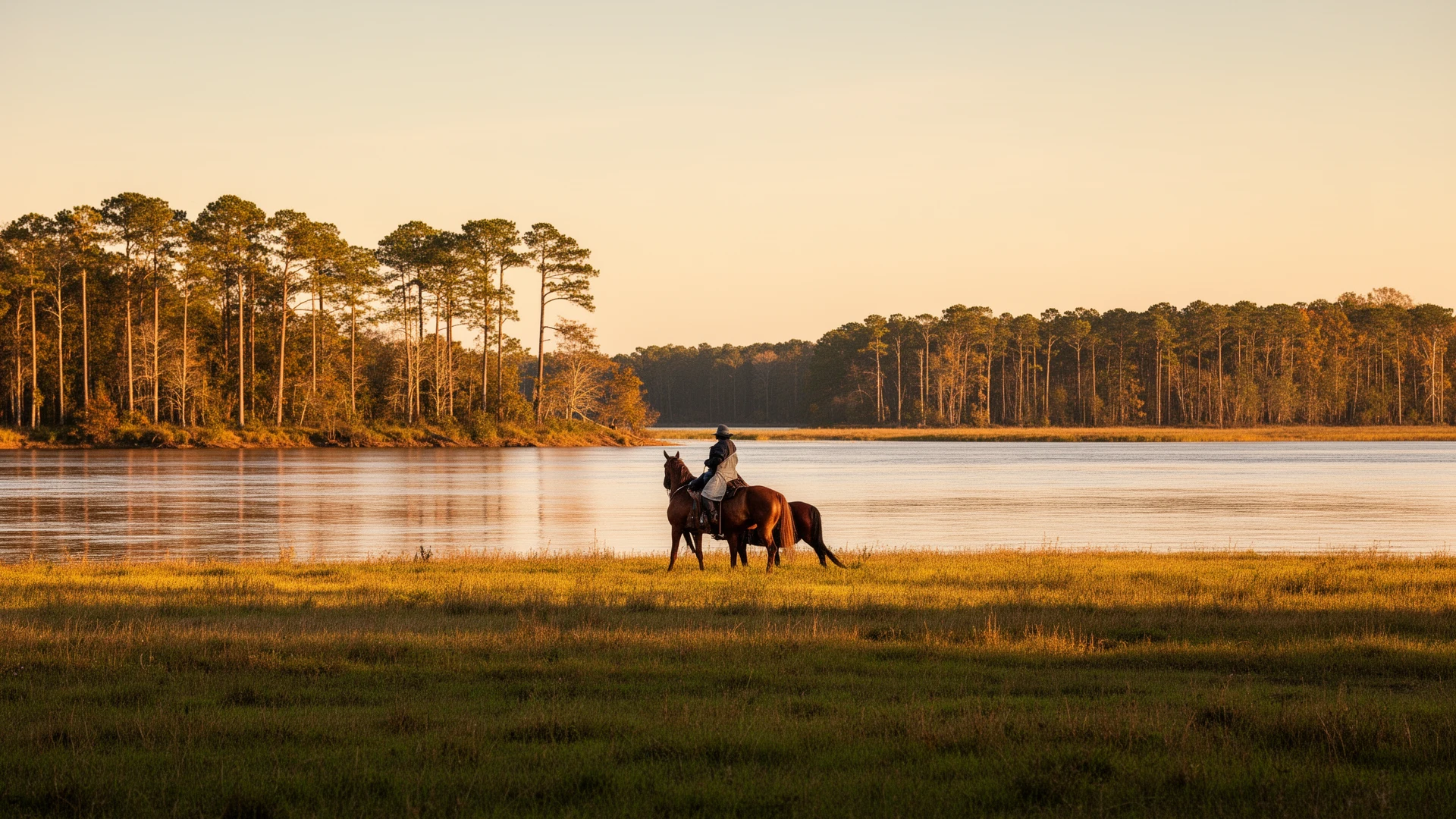 A horse and rider at a distance in a riverside pasture on the Roanoke River in Martin County at golden hour