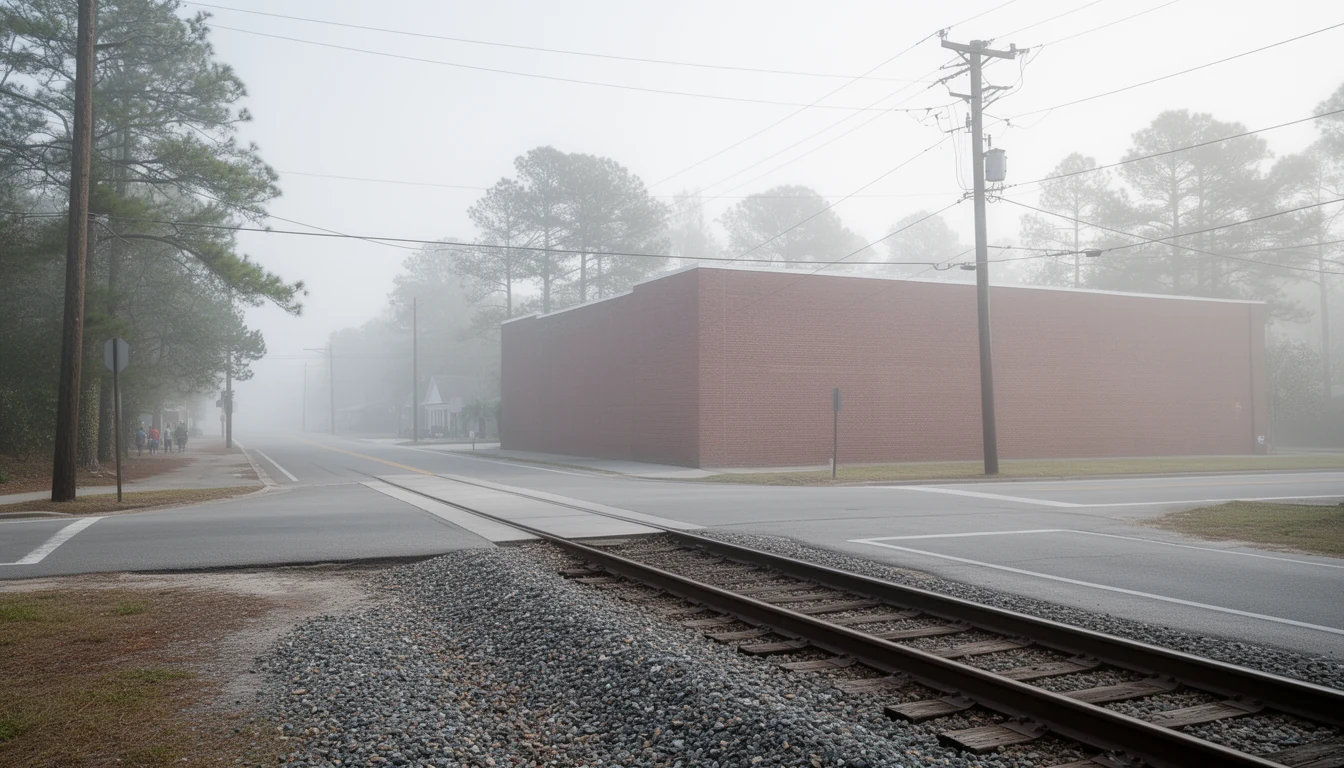 Railroad crossing and brick storefronts along a small-town commercial street in Martin County, North Carolina