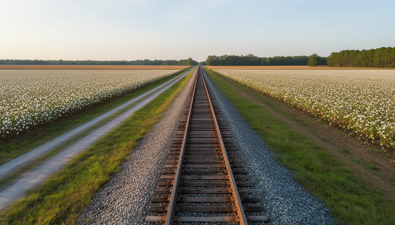 A single-track railroad crossing a two-lane country road between farm fields in Martin County, North Carolina