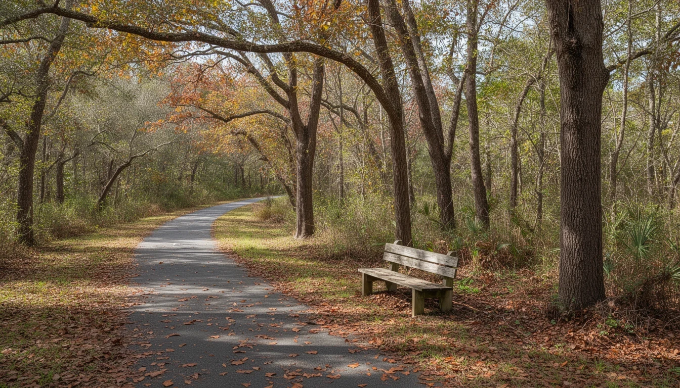 Shaded paved walking trail under hardwood trees in Williamston, Martin County, North Carolina