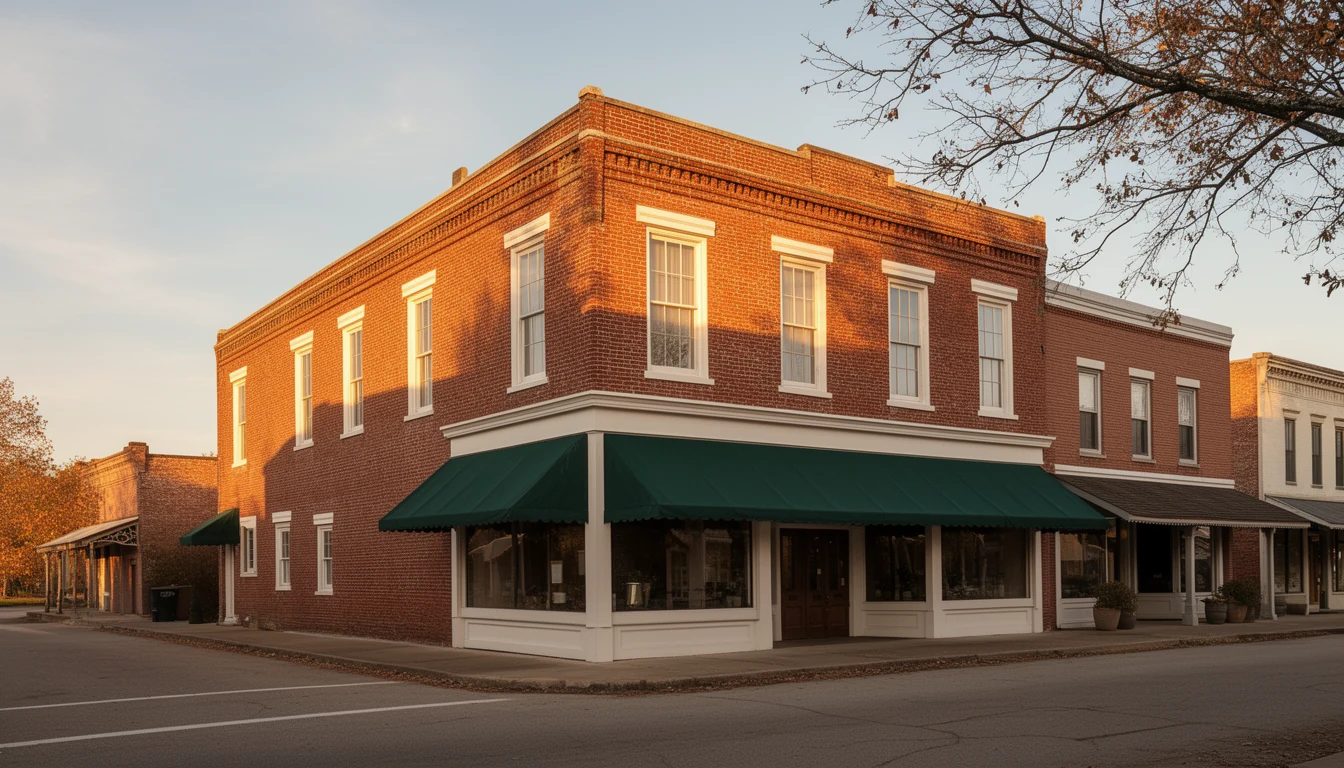 Brick storefronts and awnings along Main Street in Williamston, North Carolina